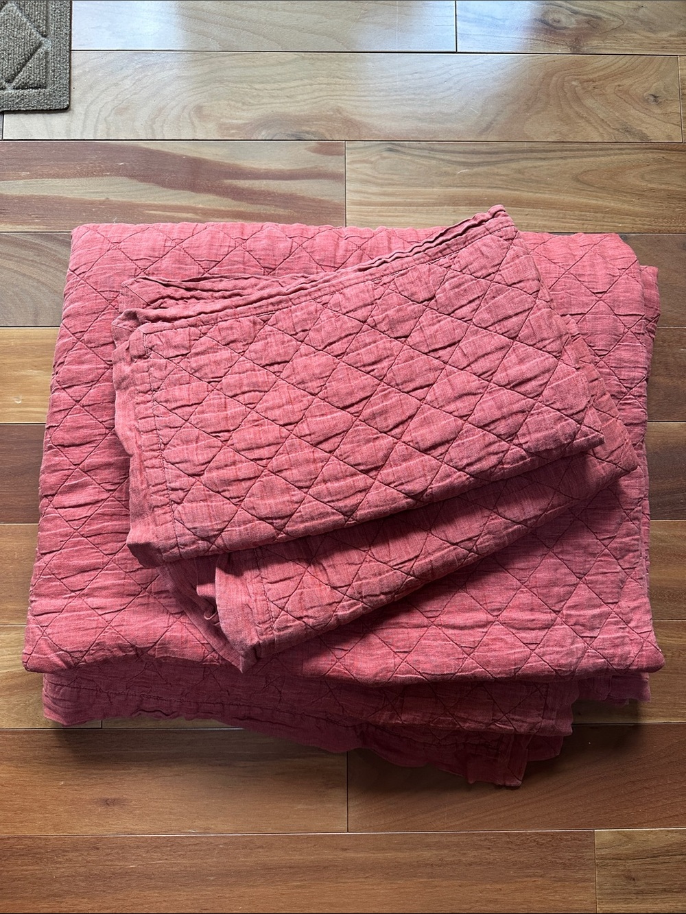 Pottery Barn Belgian Flax Linen King Diamond Quilt SET Auburn 3pcs